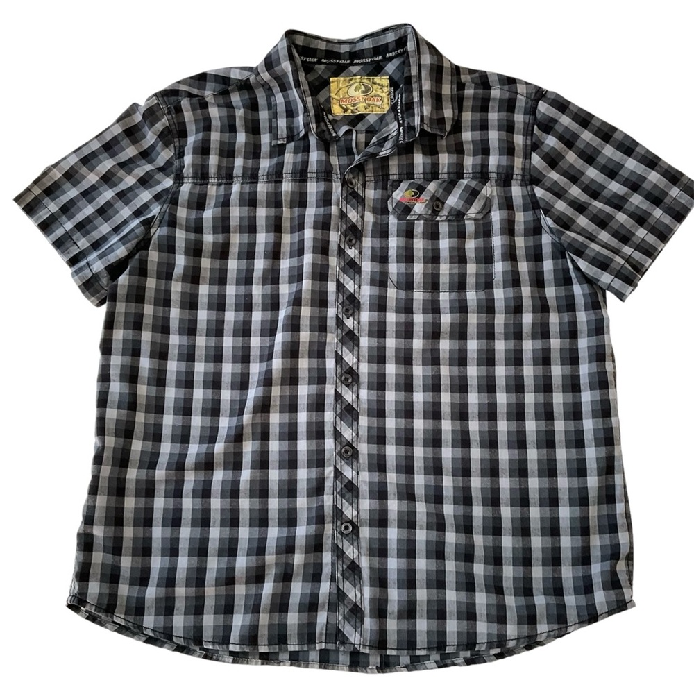 Men's Mossy Oak Black and Gray Checked Casual Button Up Shirt Short Sleeve XL